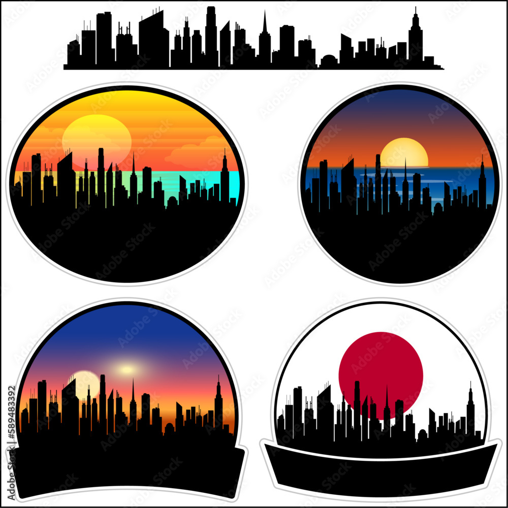 Mukaiengaru Skyline Silhouette Japan Flag Travel Souvenir Sticker Sunset Background Vector Illustration SVG EPS AI