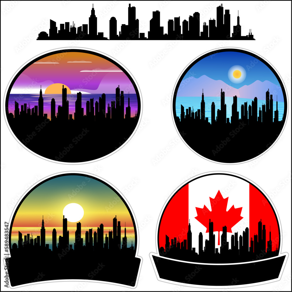 Joliette Skyline Silhouette Canada Flag Travel Souvenir Sticker Sunset Background Vector Illustration SVG EPS AI