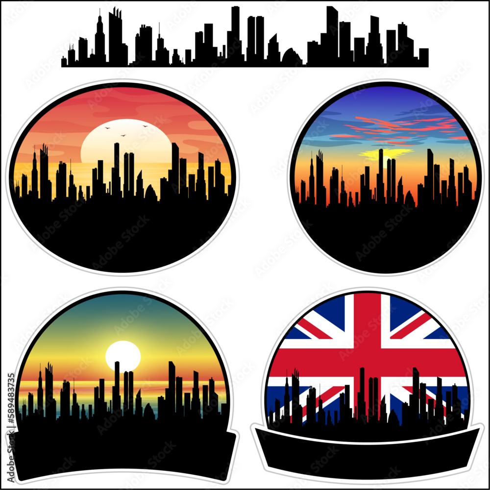 Goole Skyline Silhouette Uk Flag Travel Souvenir Sticker Sunset Background Vector Illustration SVG EPS AI