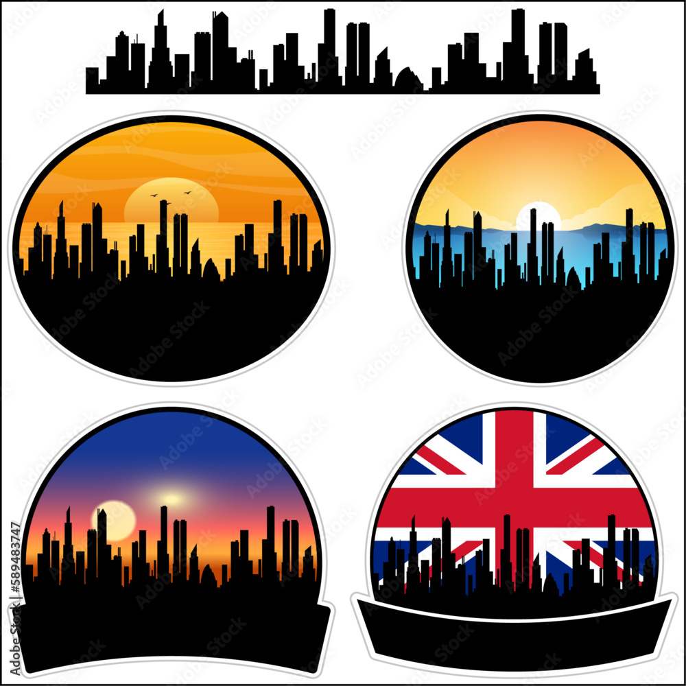 South Ockendon Skyline Silhouette Uk Flag Travel Souvenir Sticker Sunset Background Vector Illustration SVG EPS AI
