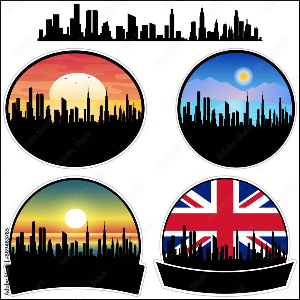 Kempston Skyline Silhouette Uk Flag Travel Souvenir Sticker Sunset Background Vector Illustration SVG EPS AI