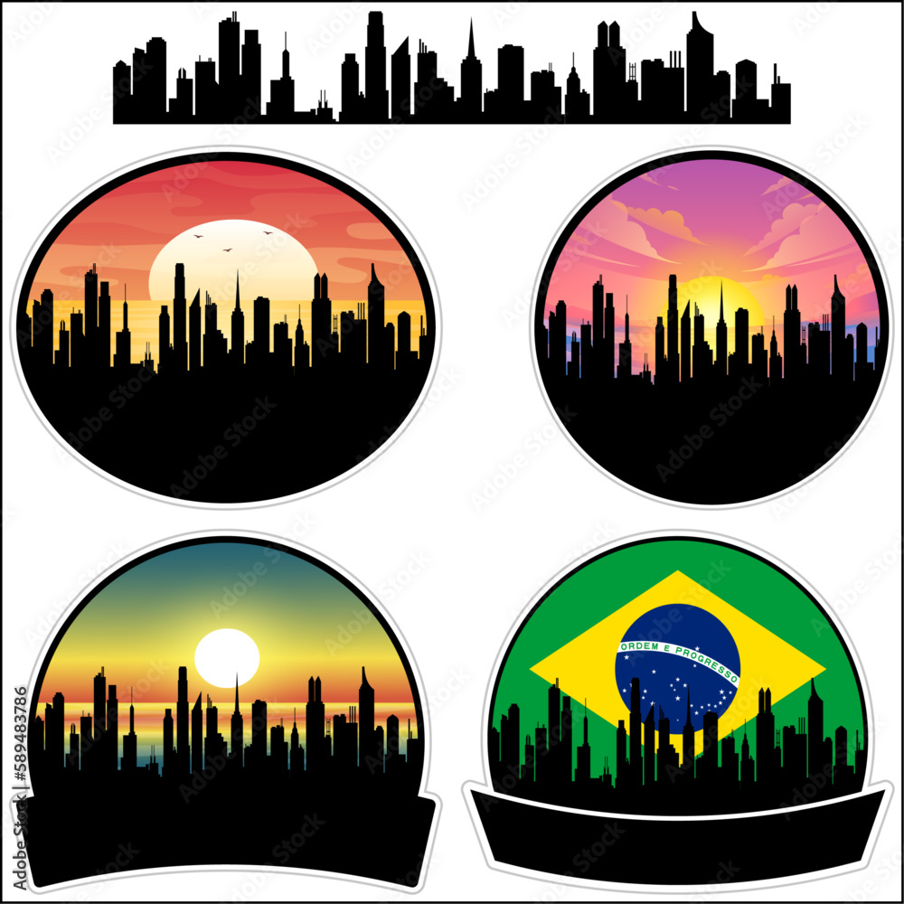 Capela do Alto Skyline Silhouette Brazil Flag Travel Souvenir Sticker Sunset Background Vector Illustration SVG EPS AI