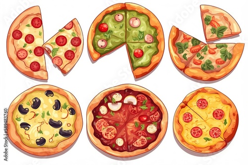 Pizza pattern illustration of tasty pizza. Pizza top view. Tomato, green, sausages or salami. Pizza food illustration isolated on white background
