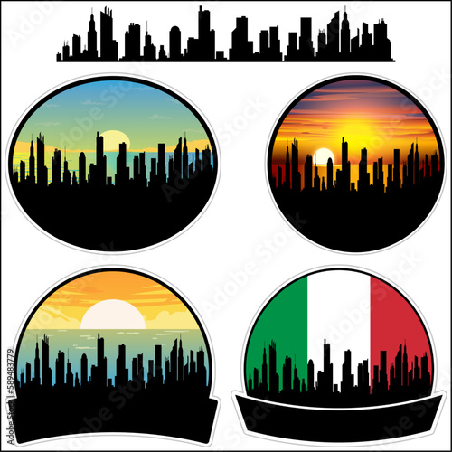Pozzallo Skyline Silhouette Italy Flag Travel Souvenir Sticker Sunset Background Vector Illustration SVG EPS AI
