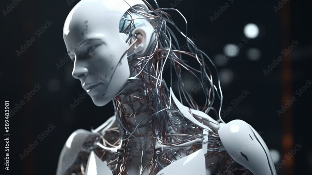Robot artificial intelligence. The image of a robat woman with wires and microcircuits. Generative AI Robot artificial intelligence. The image of a robat woman with wires and microcircuits. Generative AI