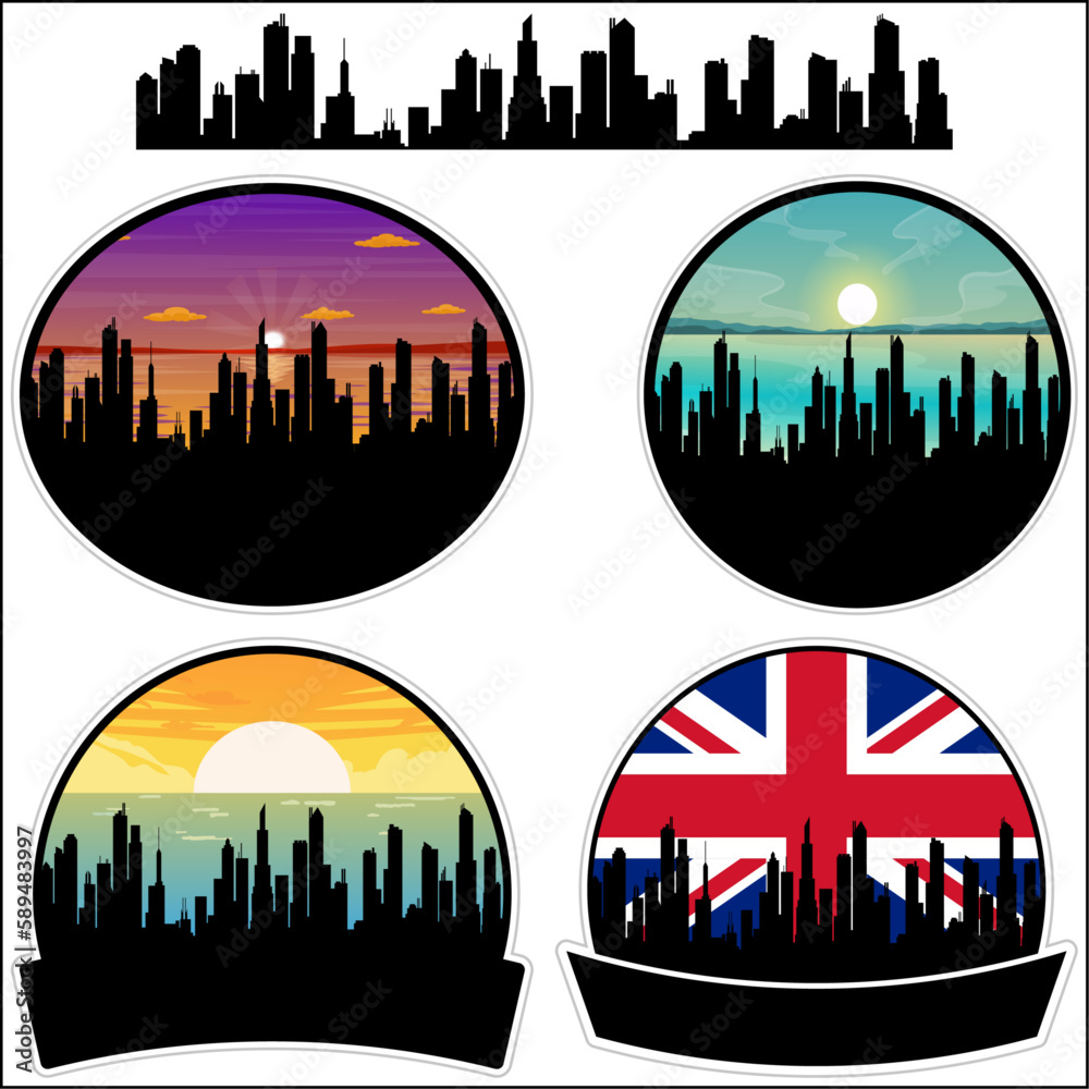 Dukinfield Skyline Silhouette Uk Flag Travel Souvenir Sticker Sunset Background Vector Illustration SVG EPS AI