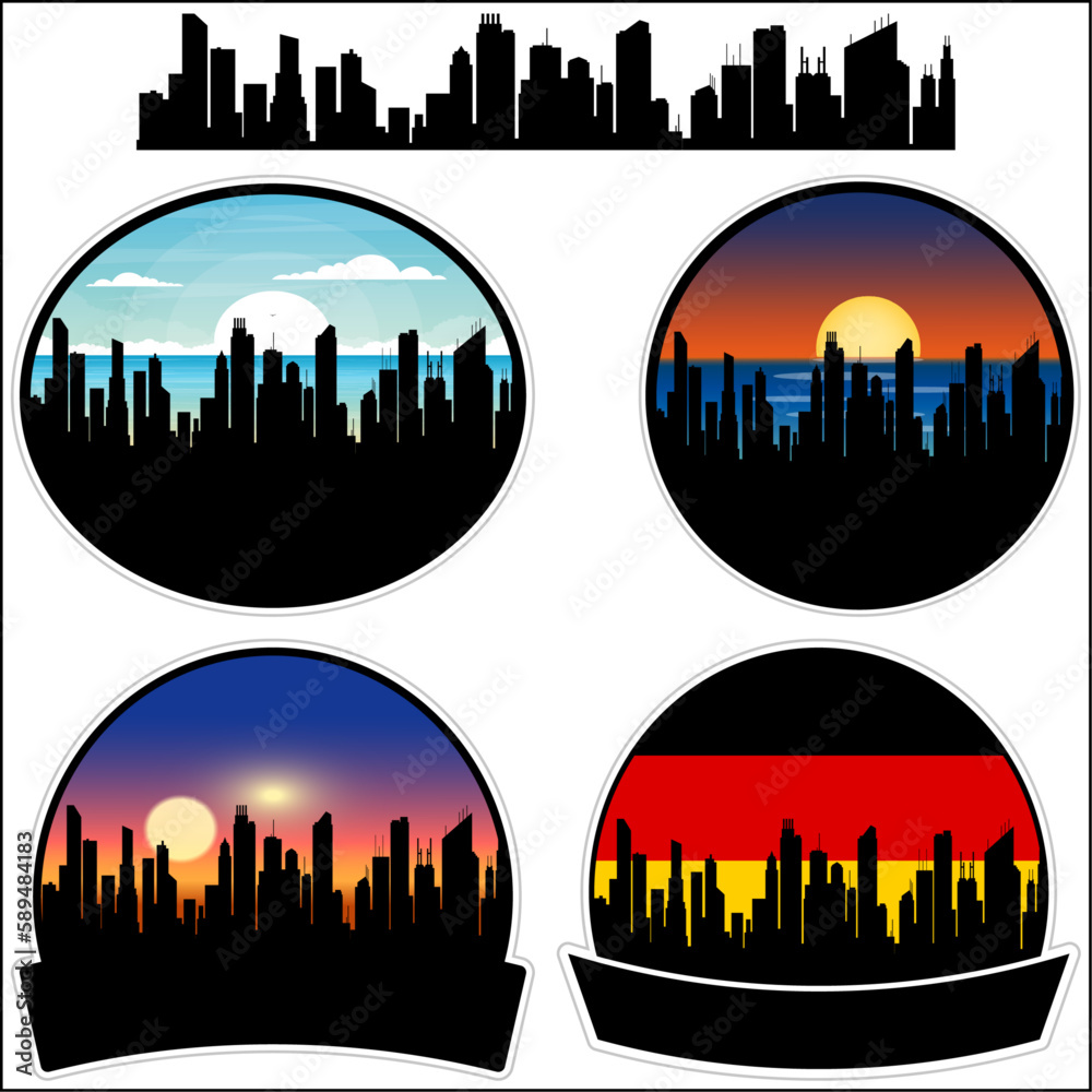 Mayen Skyline Silhouette Germany Flag Travel Souvenir Sticker Sunset Background Vector Illustration SVG EPS AI