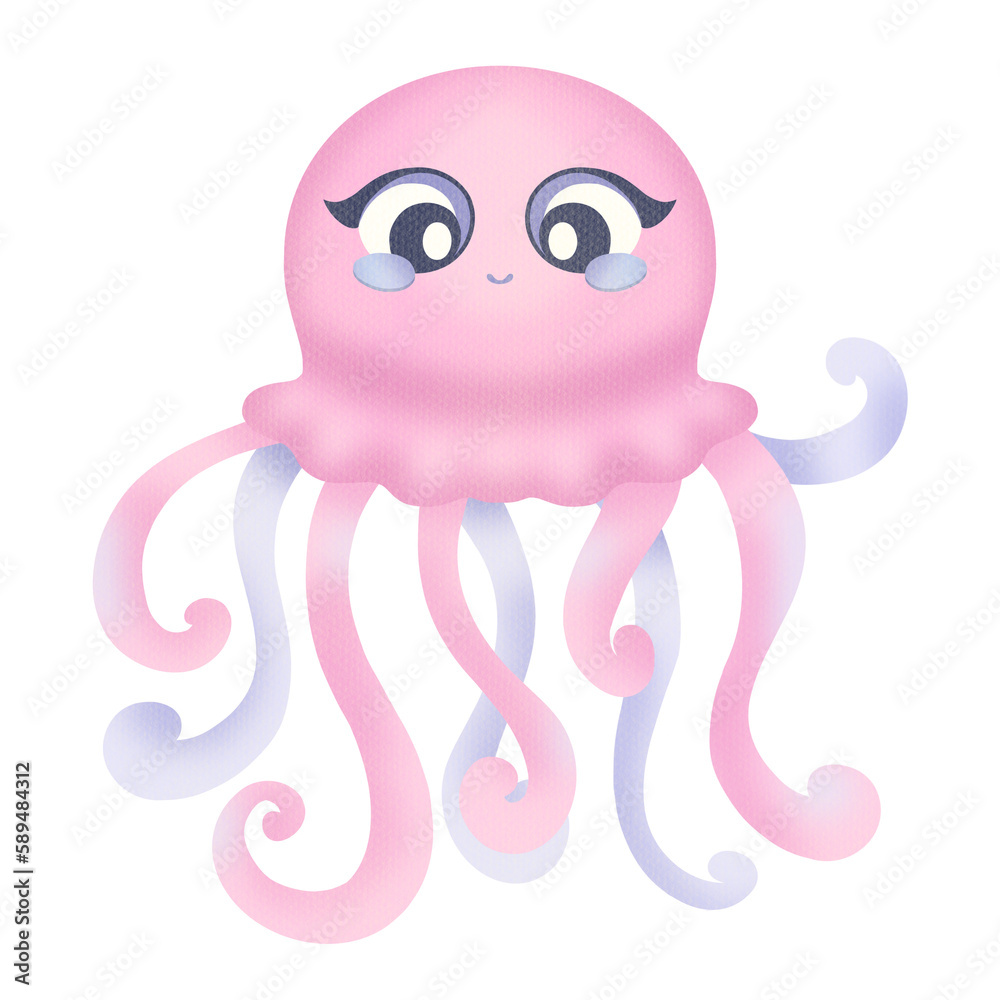 The happy octopus is smiling. Summer illustration on a transparent background. Cute children's underwater animal The happy octopus is smiling. Summer illustration on a transparent background. Cute children's underwater animal
