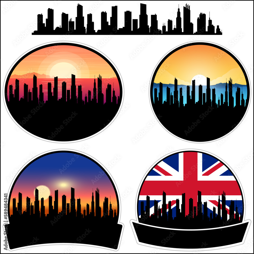 Monkseaton Skyline Silhouette Uk Flag Travel Souvenir Sticker Sunset Background Vector Illustration SVG EPS AI