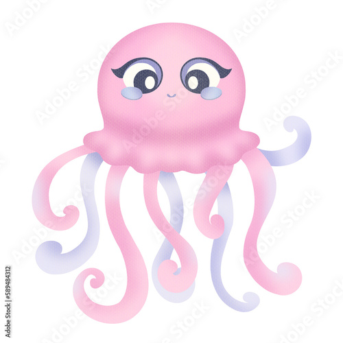The happy octopus is smiling. Summer illustration on a transparent background. Cute children's underwater animal