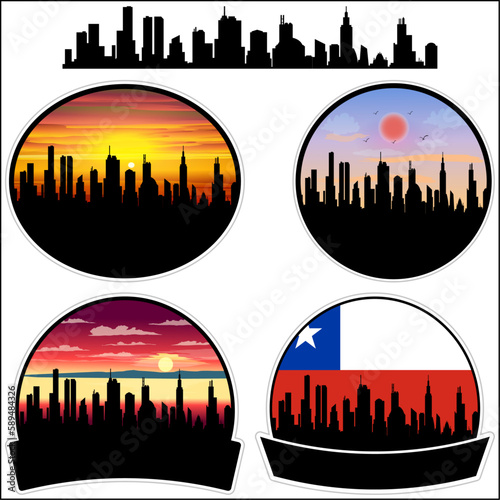 Puerto Natales Skyline Silhouette Chile Flag Travel Souvenir Sticker Sunset Background Vector Illustration SVG EPS AI