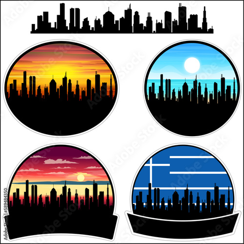 Preveza Skyline Silhouette Greece Flag Travel Souvenir Sticker Sunset Background Vector Illustration SVG EPS AI