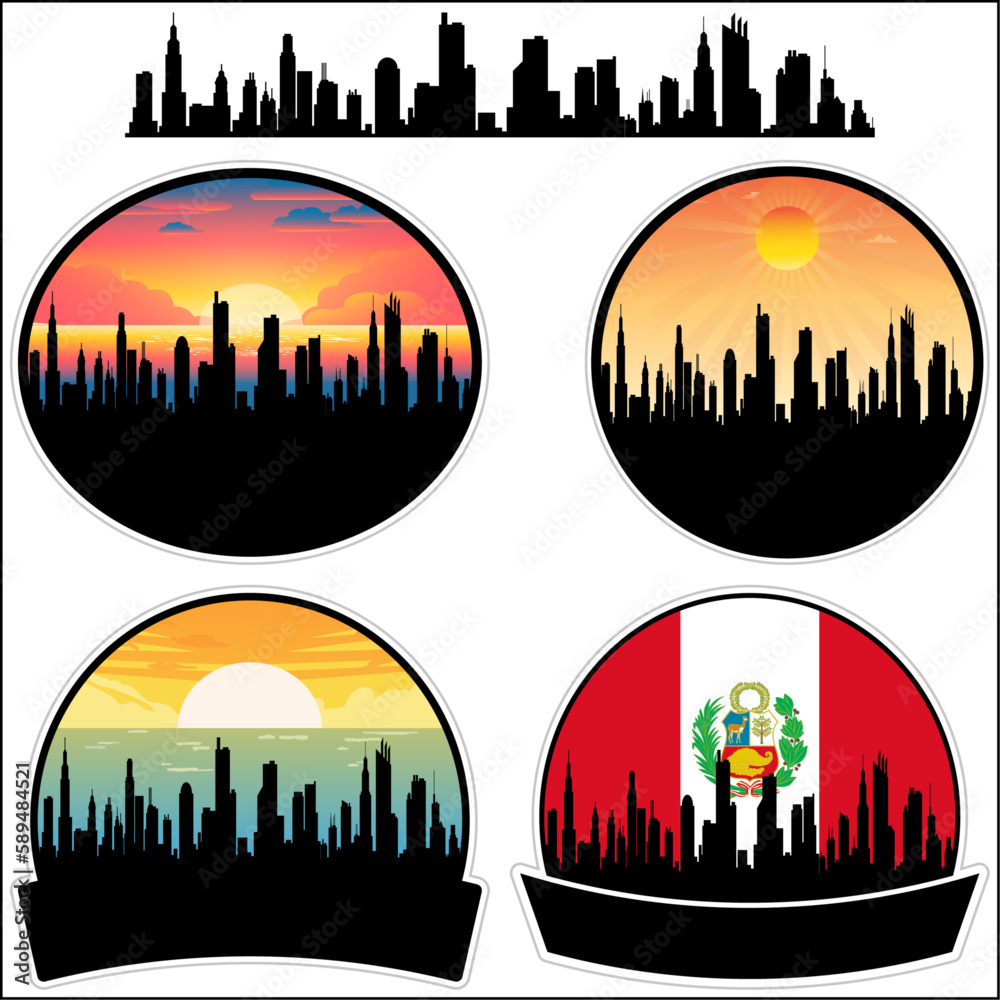 Contamana Skyline Silhouette Peru Flag Travel Souvenir Sticker Sunset Background Vector Illustration SVG EPS AI
