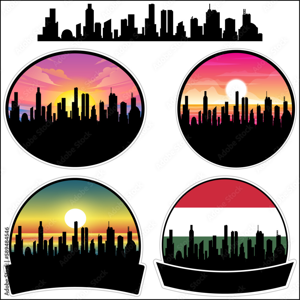 Komarom Skyline Silhouette Hungary Flag Travel Souvenir Sticker Sunset Background Vector Illustration SVG EPS AI