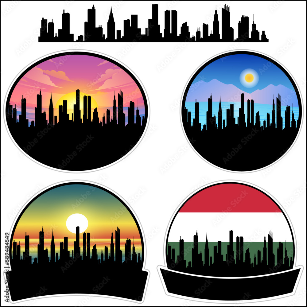Paks Skyline Silhouette Hungary Flag Travel Souvenir Sticker Sunset Background Vector Illustration SVG EPS AI