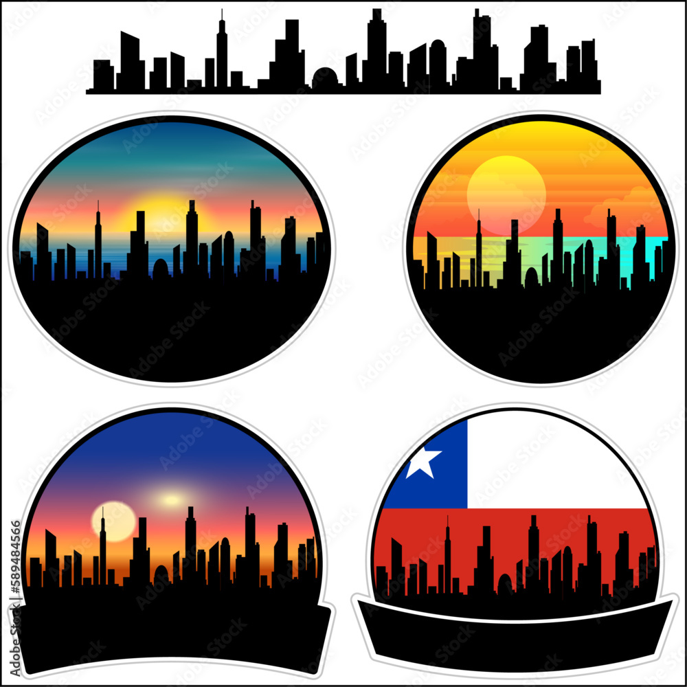 Nueva Imperial Skyline Silhouette Chile Flag Travel Souvenir Sticker Sunset Background Vector Illustration SVG EPS AI