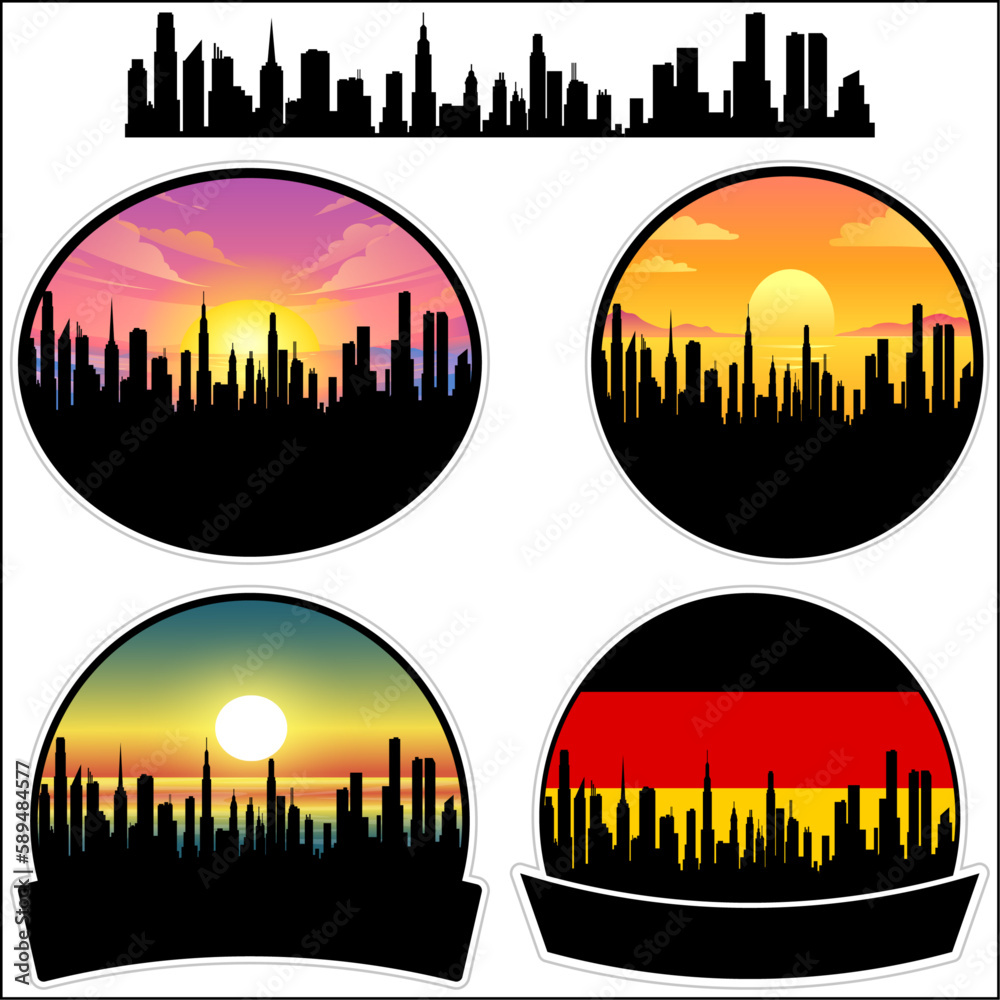 Bergneustadt Skyline Silhouette Germany Flag Travel Souvenir Sticker Sunset Background Vector Illustration SVG EPS AI