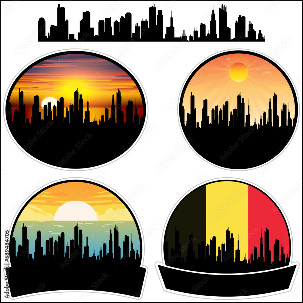 Wervik Skyline Silhouette Belgium Flag Travel Souvenir Sticker Sunset Background Vector Illustration SVG EPS AI