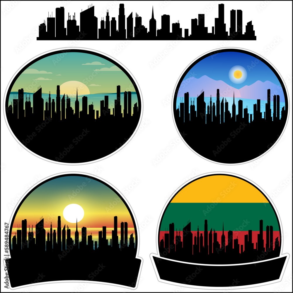 Visaginas Skyline Silhouette Lithuania Flag Travel Souvenir Sticker Sunset Background Vector Illustration SVG EPS AI