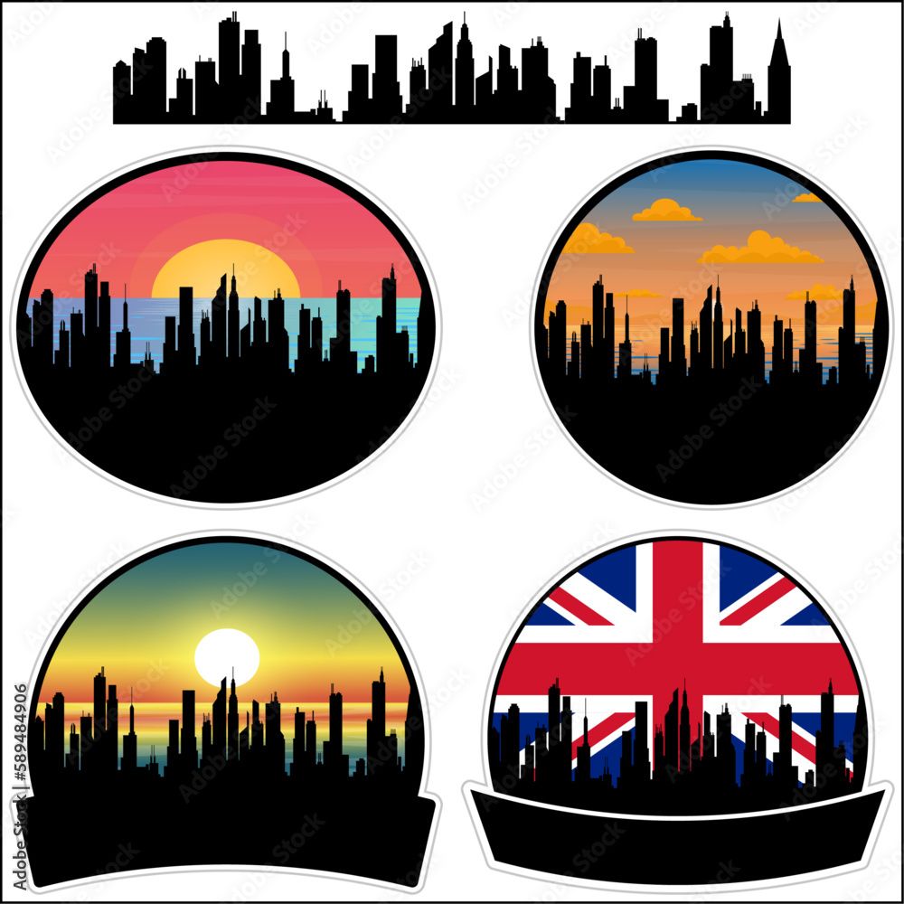 Rawmarsh Skyline Silhouette Uk Flag Travel Souvenir Sticker Sunset Background Vector Illustration SVG EPS AI