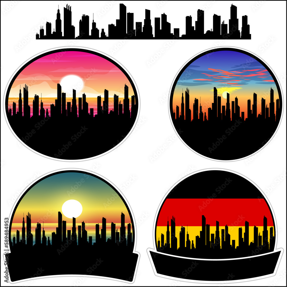 Glinde Skyline Silhouette Germany Flag Travel Souvenir Sticker Sunset Background Vector Illustration SVG EPS AI
