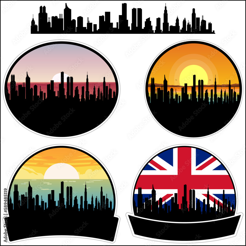 Staveley Skyline Silhouette Uk Flag Travel Souvenir Sticker Sunset Background Vector Illustration SVG EPS AI