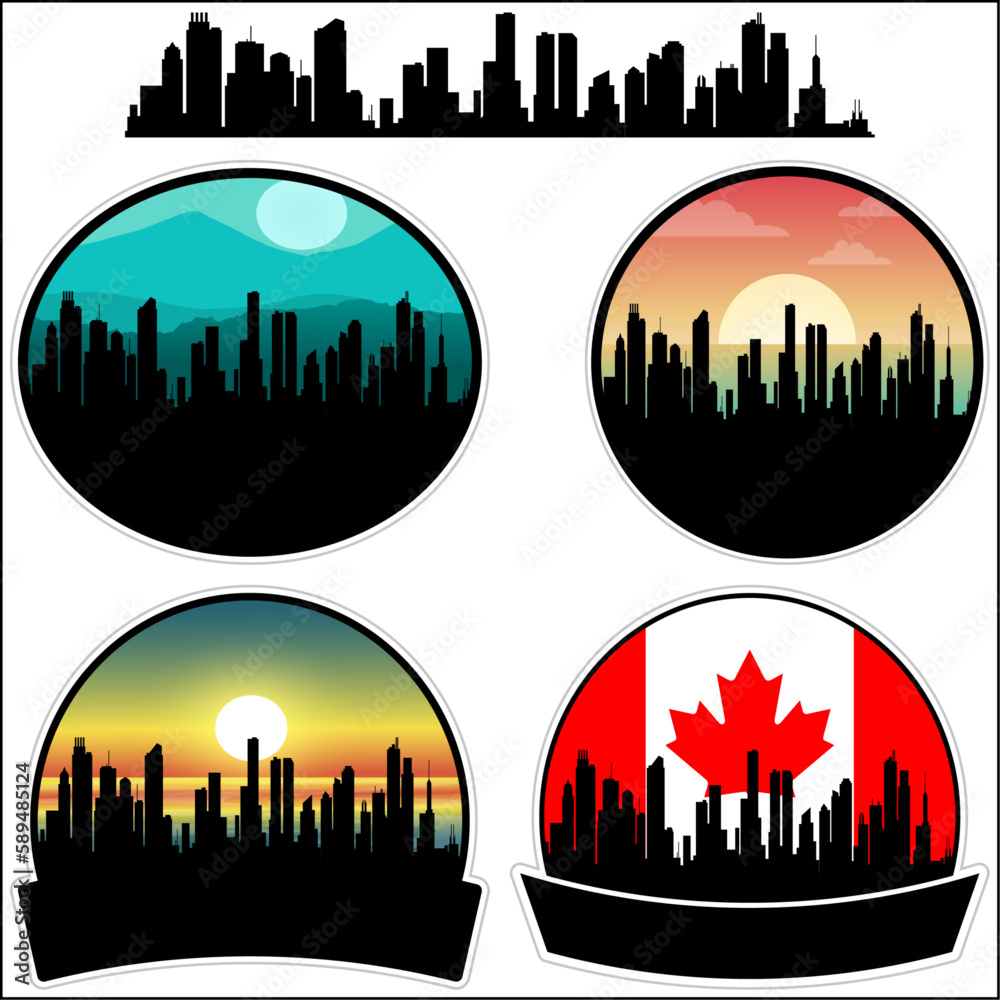 Quispamsis Skyline Silhouette Canada Flag Travel Souvenir Sticker Sunset Background Vector Illustration SVG EPS AI
