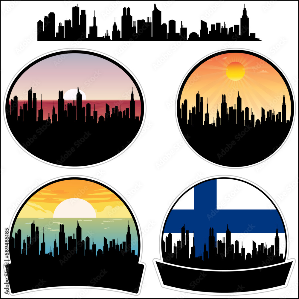 Pieksamaki Skyline Silhouette Finland Flag Travel Souvenir Sticker Sunset Background Vector Illustration SVG EPS AI