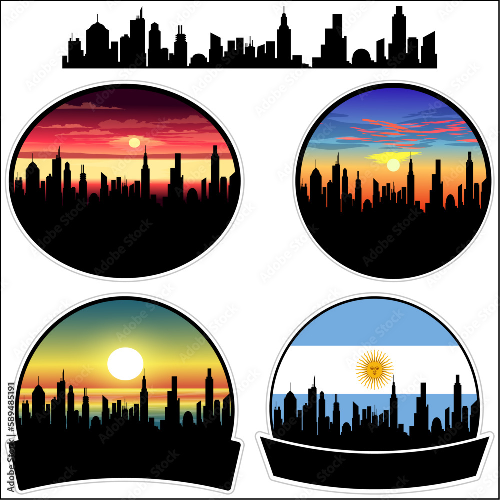 Aldo Bonzi Skyline Silhouette Argentina Flag Travel Souvenir Sticker Sunset Background Vector Illustration SVG EPS AI