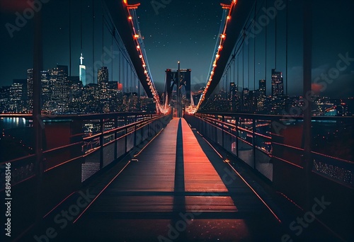 a long bridge with lights on at night time with a city in the background and a bridge with lights on at night time with a bridge and a city in the foreground. generative ai