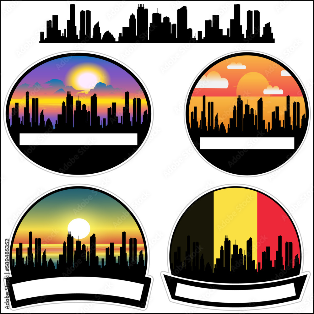 Bas Warneton Skyline Silhouette Belgium Flag Travel Souvenir Sticker Sunset Background Vector Illustration SVG EPS AI