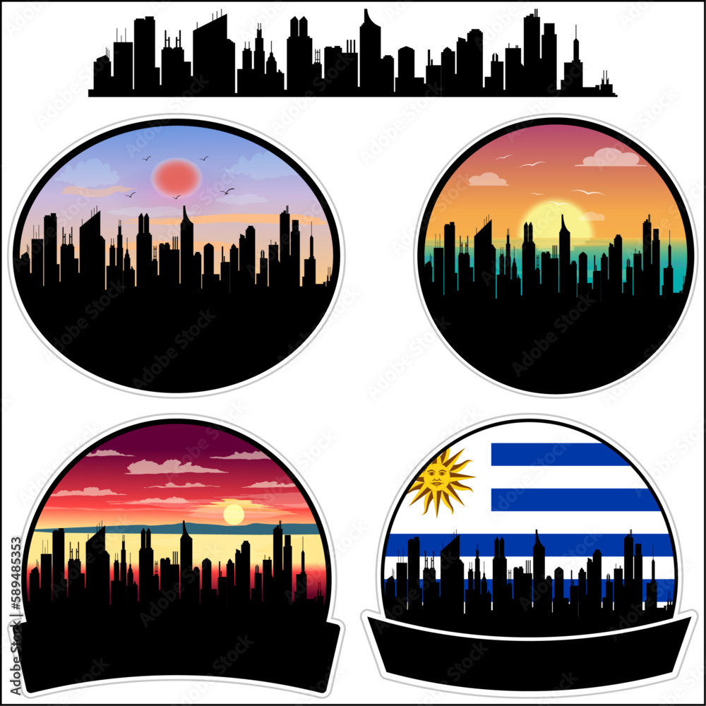 Carmelo Skyline Silhouette Uruguay Flag Travel Souvenir Sticker Sunset Background Vector Illustration SVG EPS AI