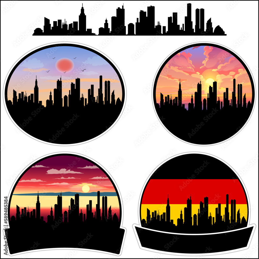 Schkeuditz Skyline Silhouette Germany Flag Travel Souvenir Sticker Sunset Background Vector Illustration SVG EPS AI