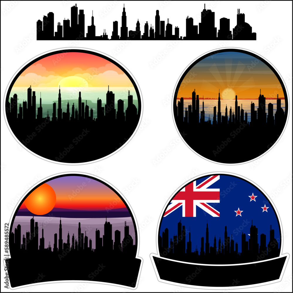 Ashton Skyline Silhouette New Zealand Flag Travel Souvenir Sticker Sunset Background Vector Illustration SVG EPS AI