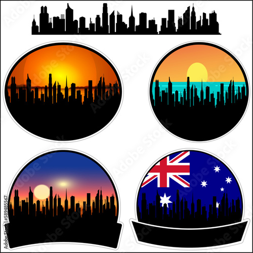 Broken Hill Skyline Silhouette Australia Flag Travel Souvenir Sticker Sunset Background Vector Illustration SVG EPS AI
