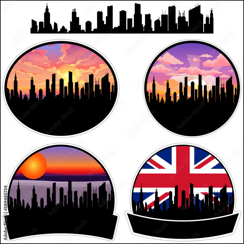 Quedgeley Skyline Silhouette Uk Flag Travel Souvenir Sticker Sunset Background Vector Illustration SVG EPS AI