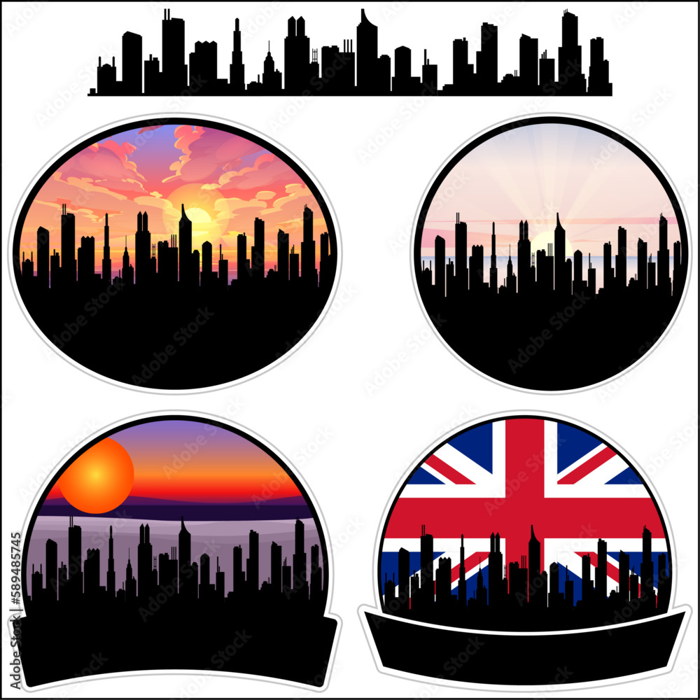 Warminster Skyline Silhouette Uk Flag Travel Souvenir Sticker Sunset Background Vector Illustration SVG EPS AI