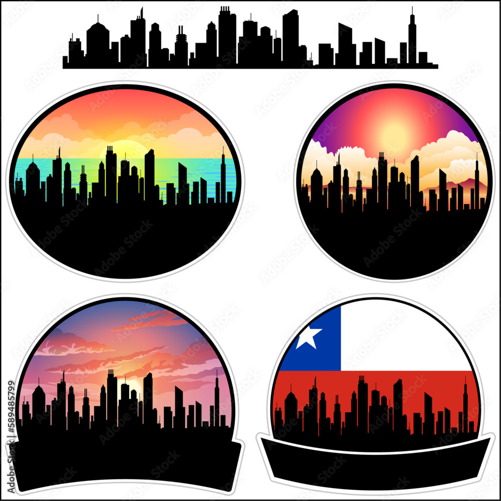Puerto Aysen Skyline Silhouette Chile Flag Travel Souvenir Sticker Sunset Background Vector Illustration SVG EPS AI