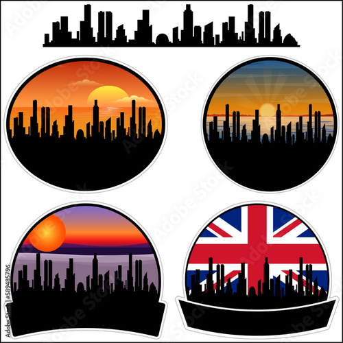 Bramhall Skyline Silhouette Uk Flag Travel Souvenir Sticker Sunset Background Vector Illustration SVG EPS AI