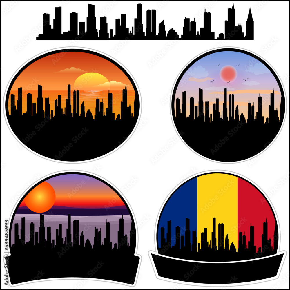 Calafat Skyline Silhouette Romania Flag Travel Souvenir Sticker Sunset Background Vector Illustration SVG EPS AI