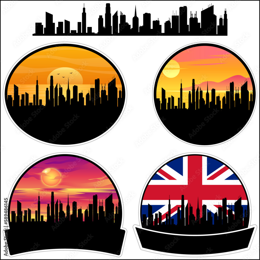 Friern Barnet Skyline Silhouette Uk Flag Travel Souvenir Sticker Sunset Background Vector Illustration SVG EPS AI