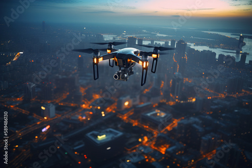 Drone with camera flying in air over night city, an autonomous observation vehicle. Generative AI