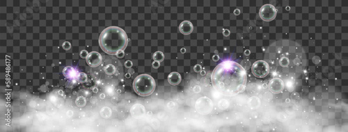 Air bubbles on a transparent background. Soap foam vector illustration.	
