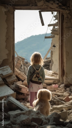 Lonely little girl with teddy bear on the ruins of a house after disaster. Generative AI.