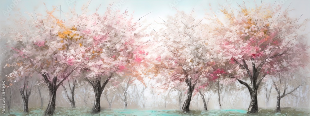 spring trees bloom and cherry blossoms fill the scenery, in the style of light pink and light aquamarine, dreamy symbolism, feminine sensibilities