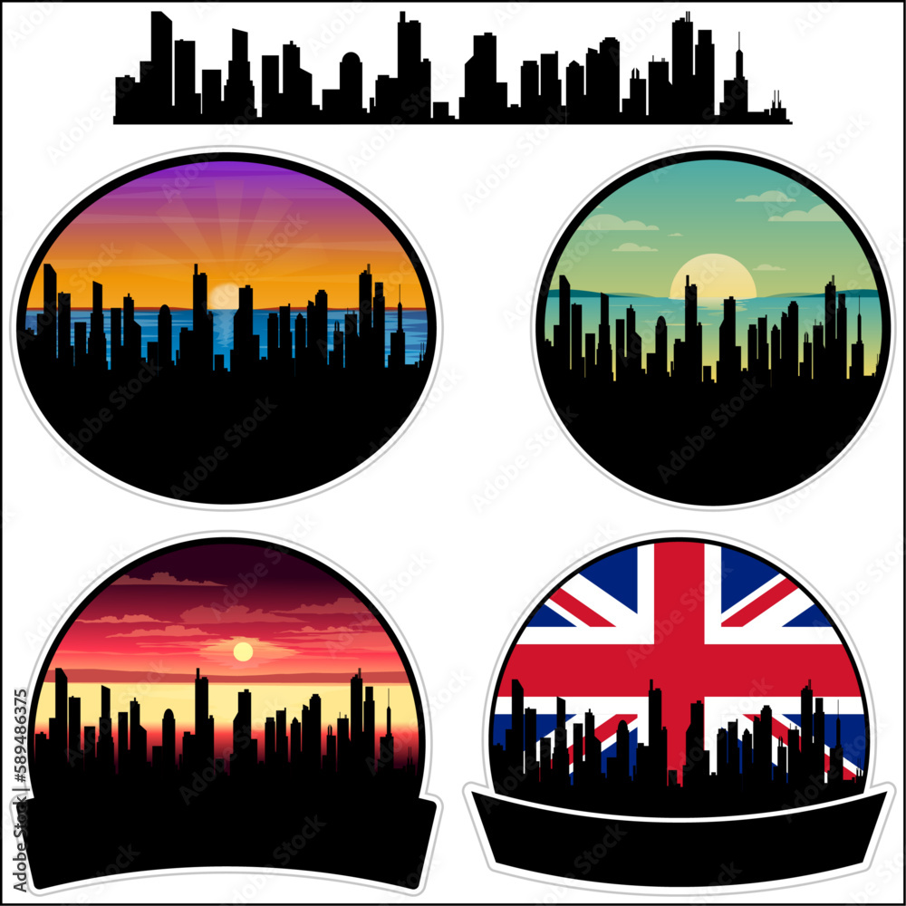 Mosbrough Skyline Silhouette Uk Flag Travel Souvenir Sticker Sunset Background Vector Illustration SVG EPS AI