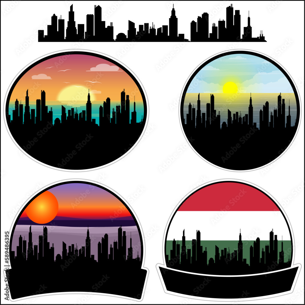 Balmazujvaros Skyline Silhouette Hungary Flag Travel Souvenir Sticker Sunset Background Vector Illustration SVG EPS AI