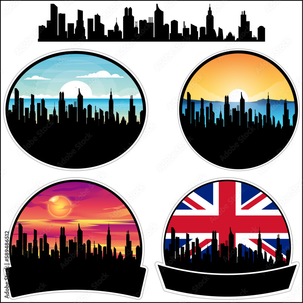 Westbury Skyline Silhouette Uk Flag Travel Souvenir Sticker Sunset Background Vector Illustration SVG EPS AI