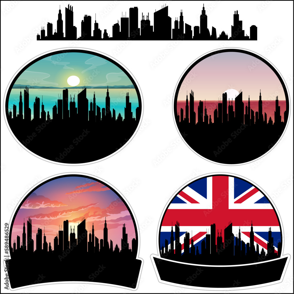 Clayton Skyline Silhouette Uk Flag Travel Souvenir Sticker Sunset Background Vector Illustration SVG EPS AI