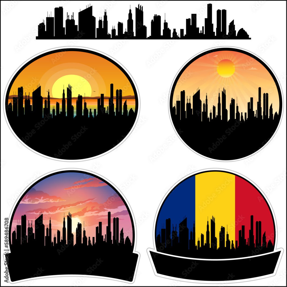 Filiasi Skyline Silhouette Romania Flag Travel Souvenir Sticker Sunset Background Vector Illustration SVG EPS AI